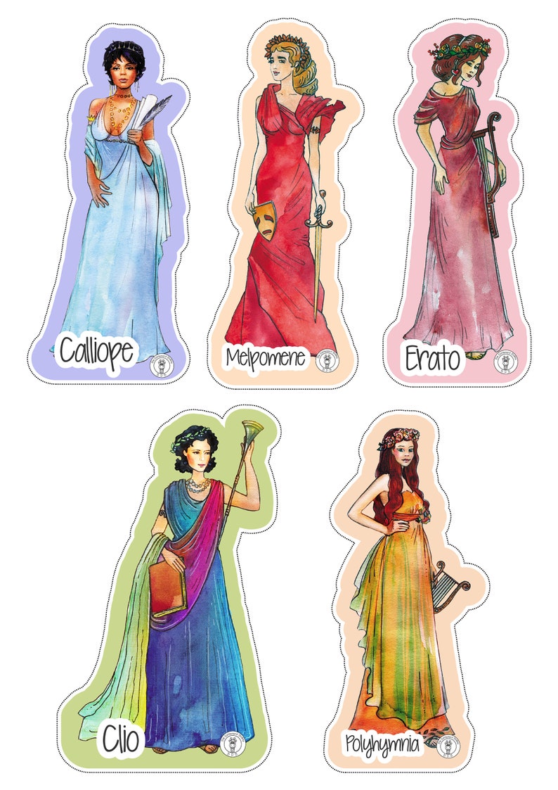 Nine Muses stickers/ digital files/If you love Greek Mythology and ancient Greece, you will get 9 beautiful stickers with each Muse!