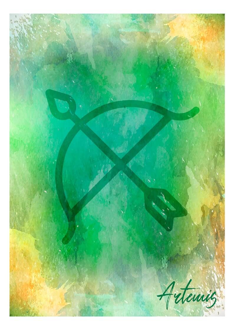 Artemis symbol card with bow and arrow on watercolor background, inspired by Percy Jackson for Greek mythology themed parties.