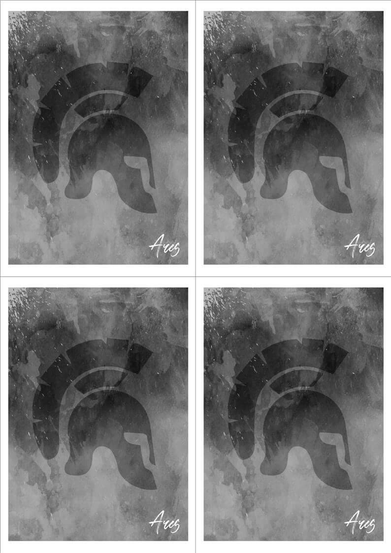 Greek god Ares symbols card set, Percy Jackson inspired, perfect for parties and birthdays, featuring a warrior helmet design.