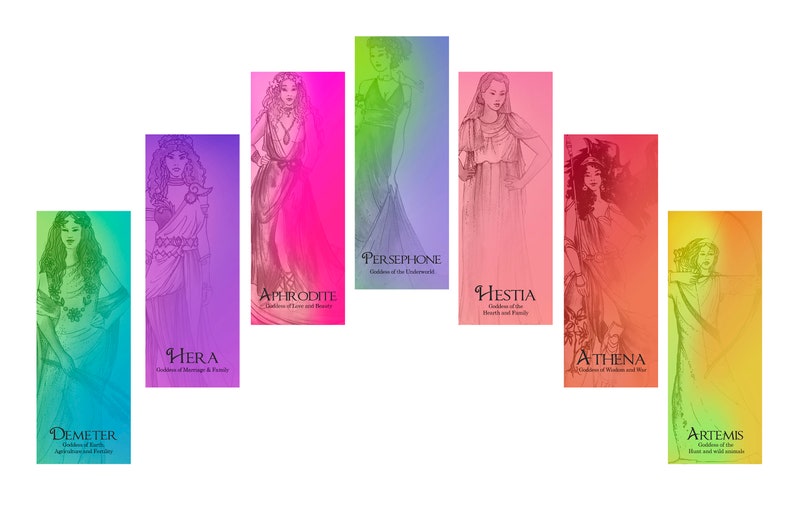 Greek Goddesses Bookmarks/Pack of 7 beautiful bookmarks with Greek Goddesses and inspiring quotes to celebrate the female nature