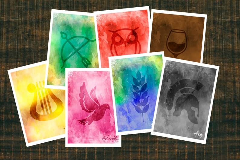 Greek Gods symbol cards with colorful designs inspired by Percy Jackson, perfect for parties and birthdays.