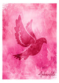 Aphrodite symbol card with dove design, pink watercolor background, Greek mythology inspired, Percy Jackson theme.