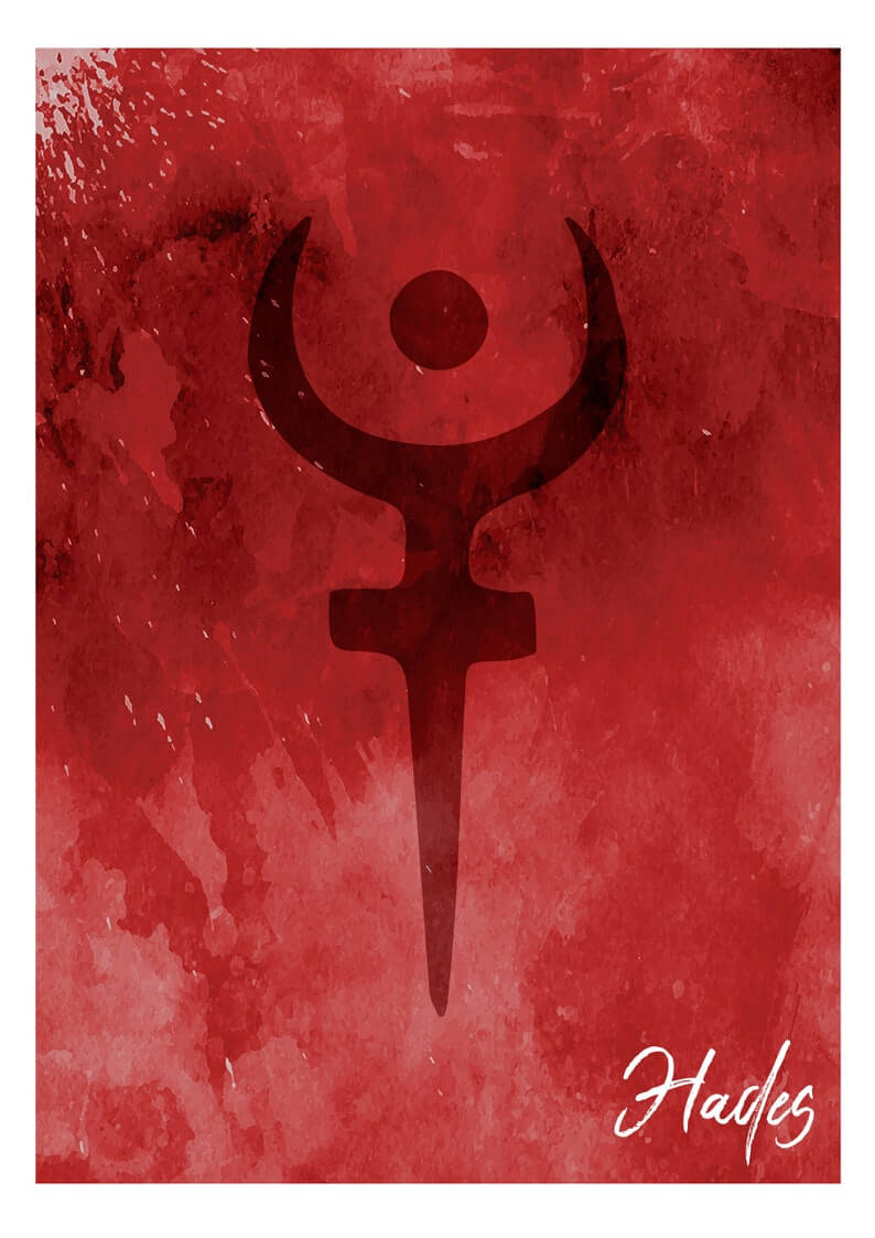 Hades Greek God symbol card with red abstract background, Percy Jackson inspired design for parties and birthdays.