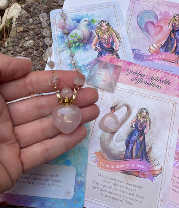 Goddess Aphrodite self-love activator/Rose Quartz Perfume Bottle Necklace with healing essence oil, Aphrodite Rose Quartz healing necklace