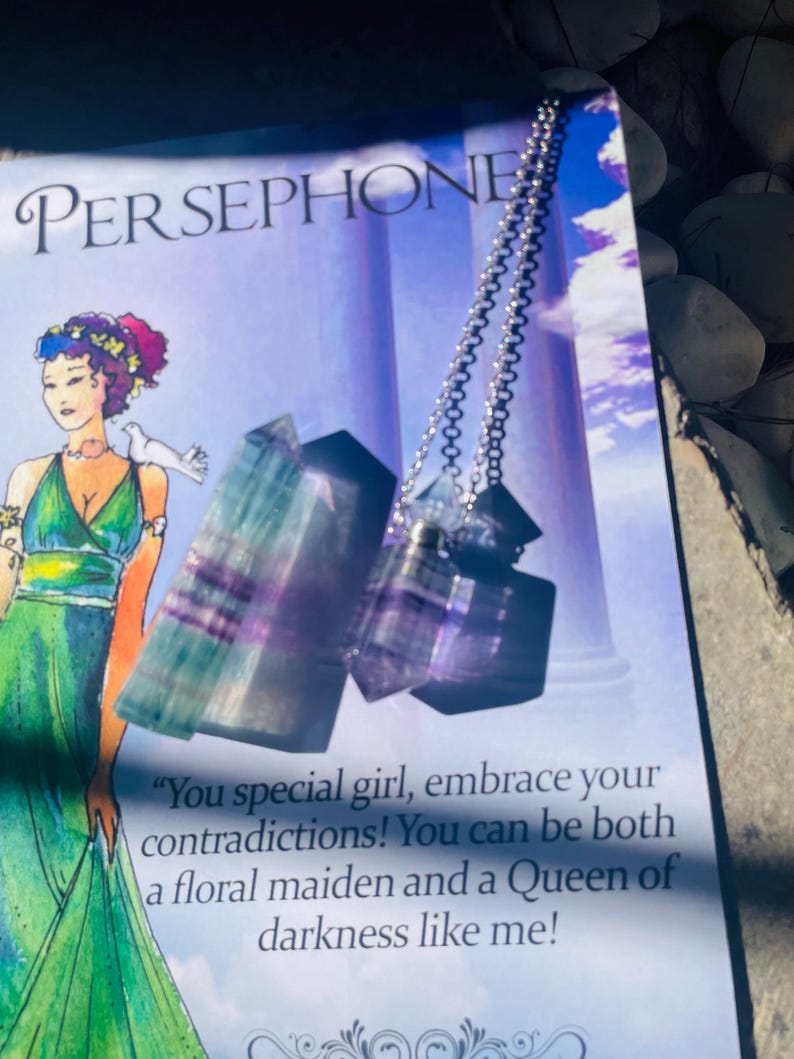 Goddess Persephone intuition activator/Fluorite Perfume Bottle Necklace with healing essence oil, Persephone fluorite healing necklace