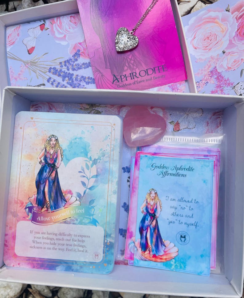 Goddess Aphrodite box,self-love gift/Aphrodite oracle cards+affirmations+heart necklace+Aphrodite healing oil+Aphrodite prayer card